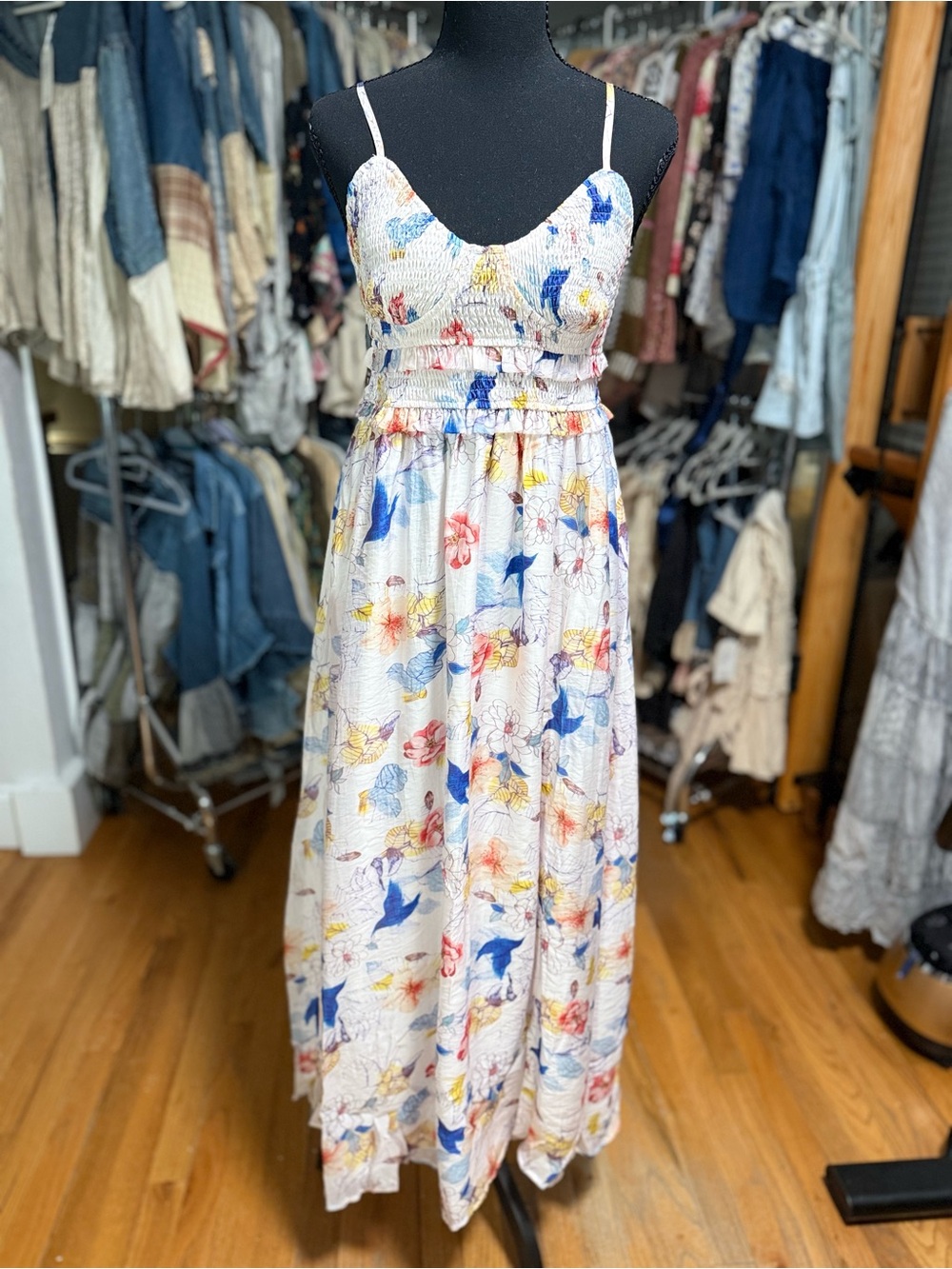 White Floral & Blue Bird Maxi Sundress with Smocked Bodice